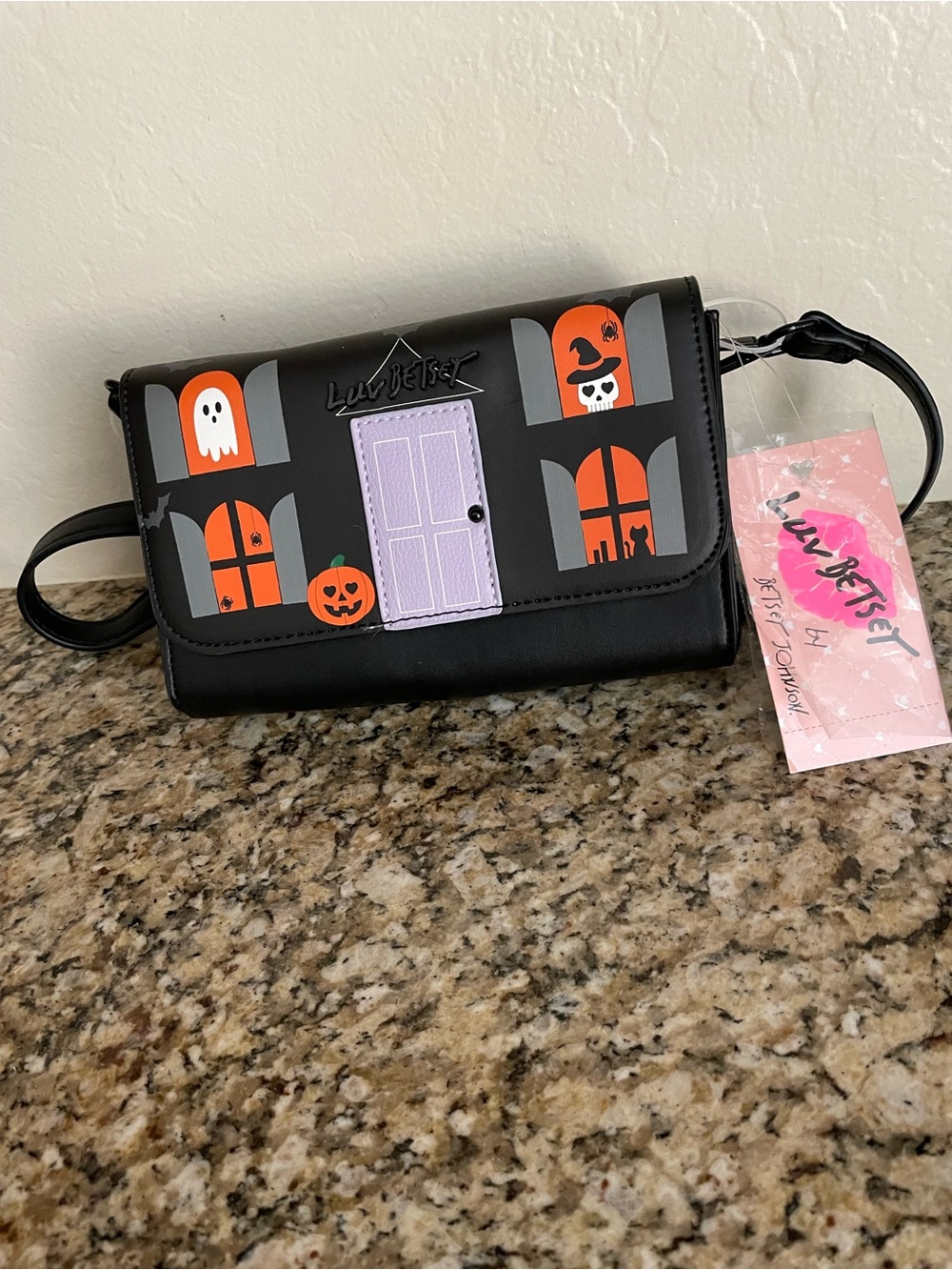 Betsey Johnson Halloween Graphic Black Crossbody Bag with Purple Door Accent - Picture 2 of 5